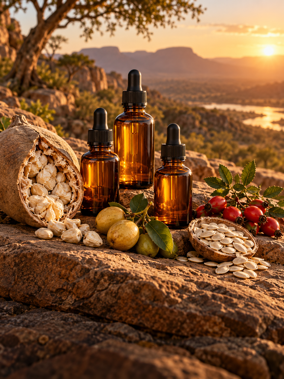Editorial carrier oil bottles with African botanicals