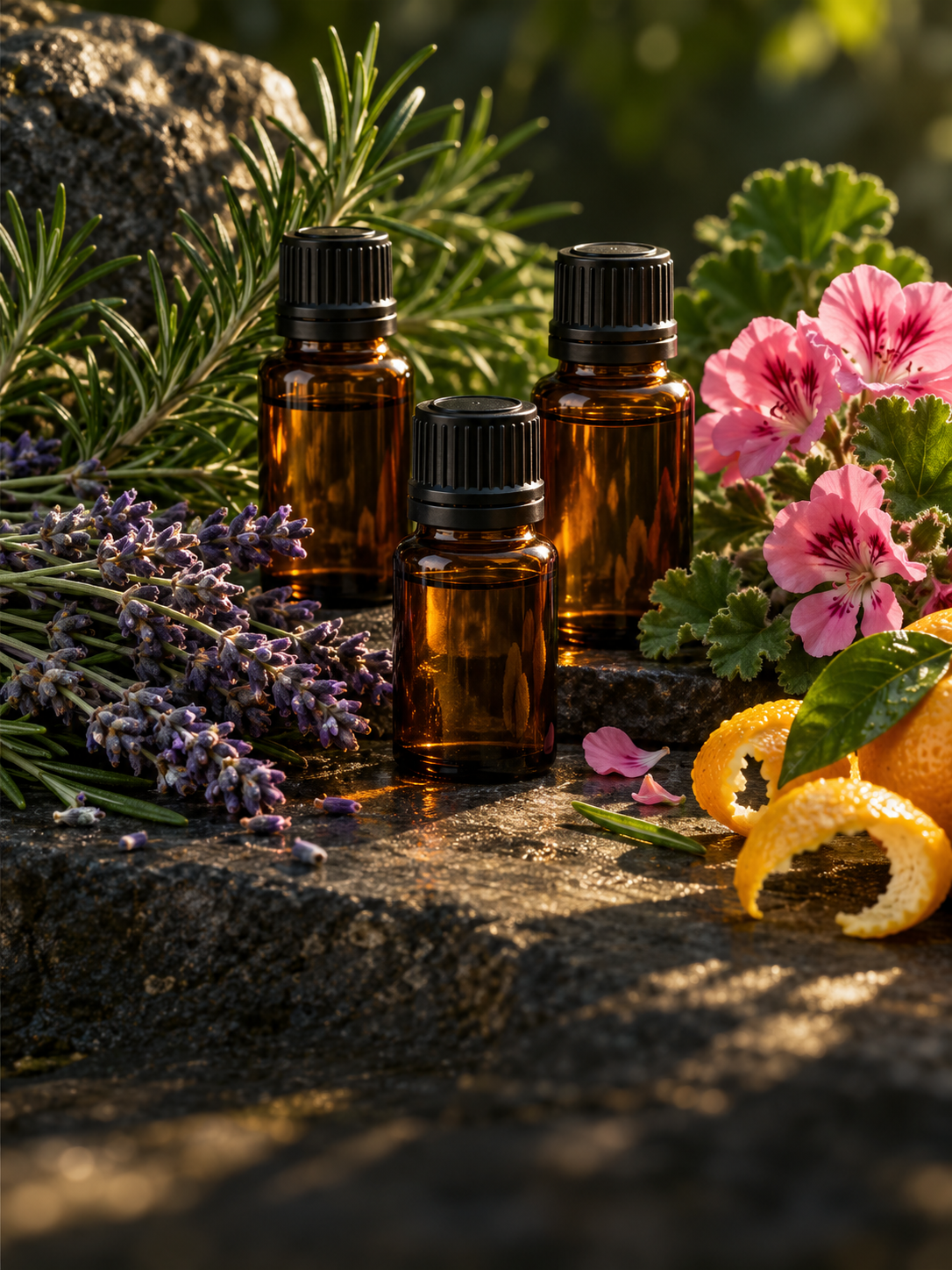 Editorial essential oil bottles with aromatic botanicals