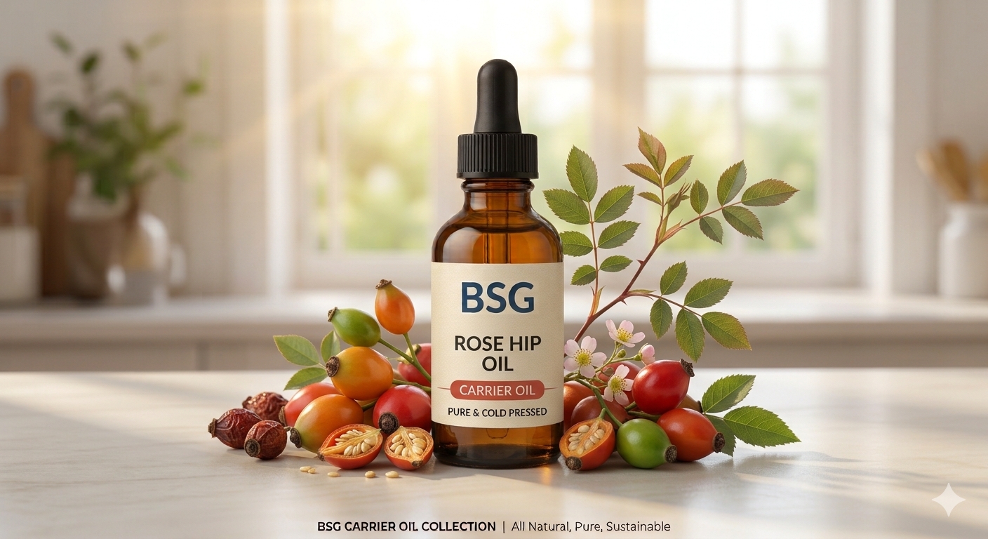 Botanical oils and fruit in an amber glass presentation