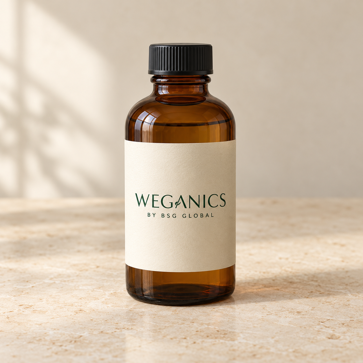 Illustrative WEGANICS bottle for liquid ingredients; product identity is shown in the page heading